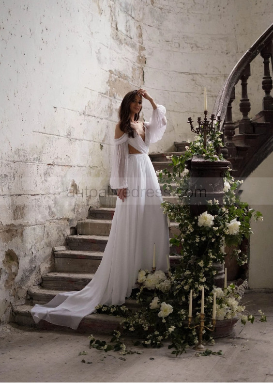 Long Sleeves White Chiffon Airy Wedding Dress